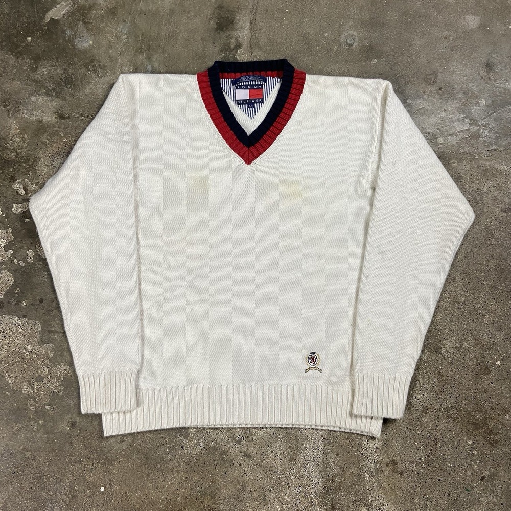 Vintage 90s Tommy Hilfiger Sweater Size Large White Knit V-Neck Pullover Crest
